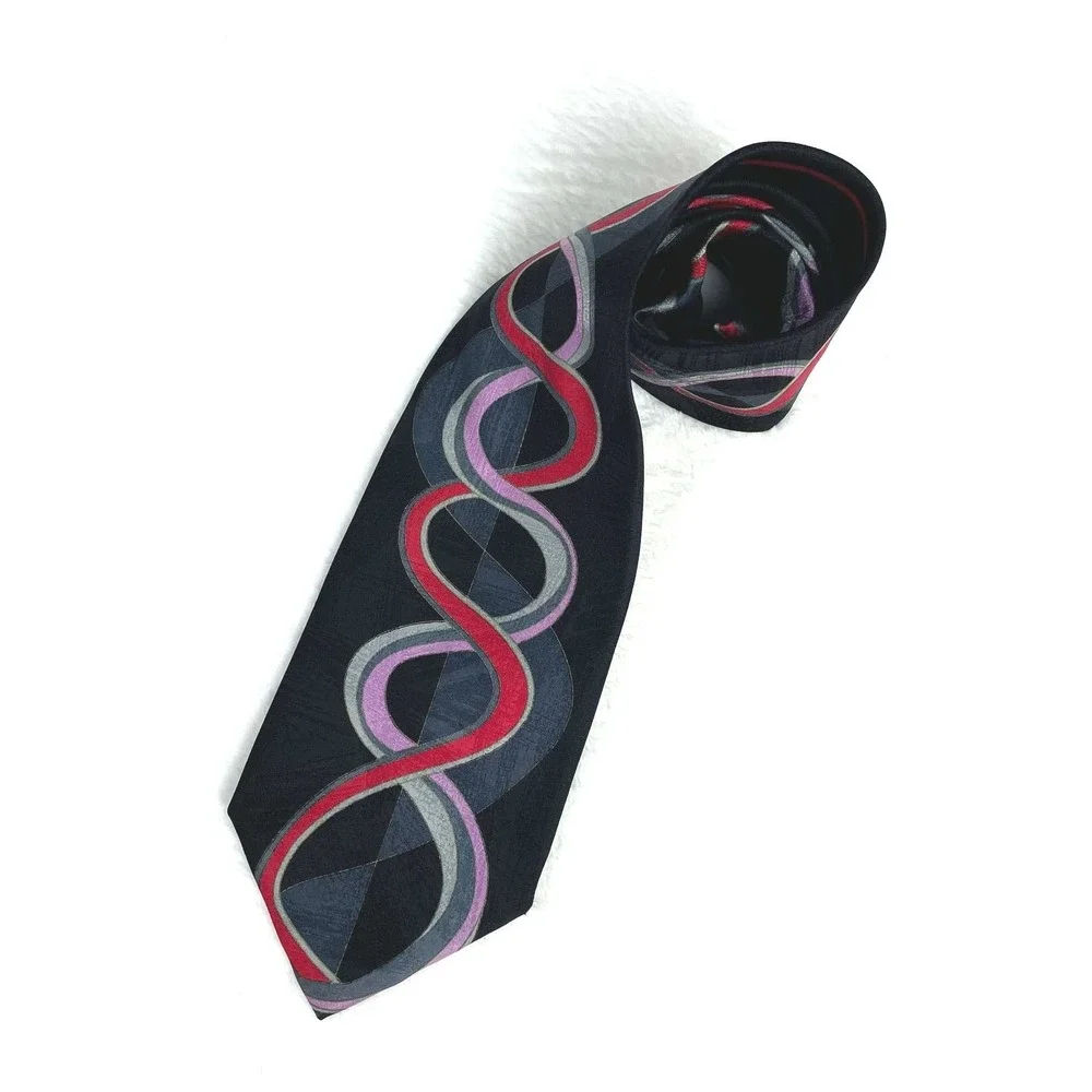 VTG Peter's Clothiers Novelty 80s Chain Twist Print Black Purple Red Silk Tie